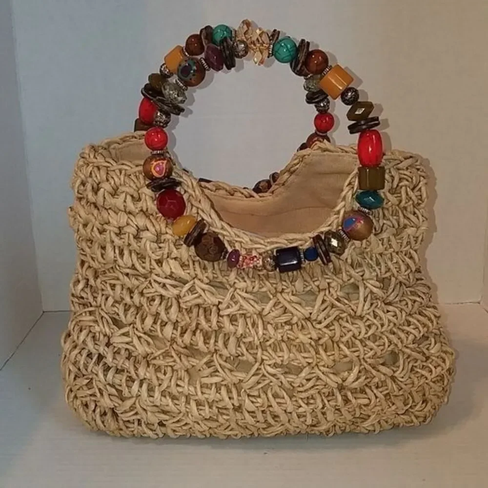 Cappelli BEADED Straw Bag WEAVE Purse Satchel Tote Handbag GEMS WOMAN'S WOMEN'S